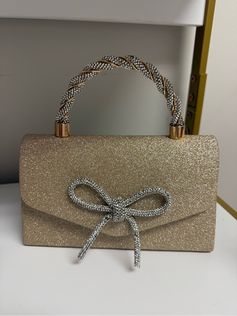 Gold Glitter Bow Top-Handle Evening Bag